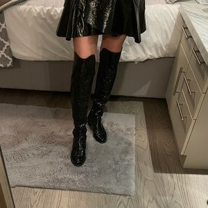 Stuart Weitzman Over The Knee boots Faux Patent Croc fronts Elastic backs